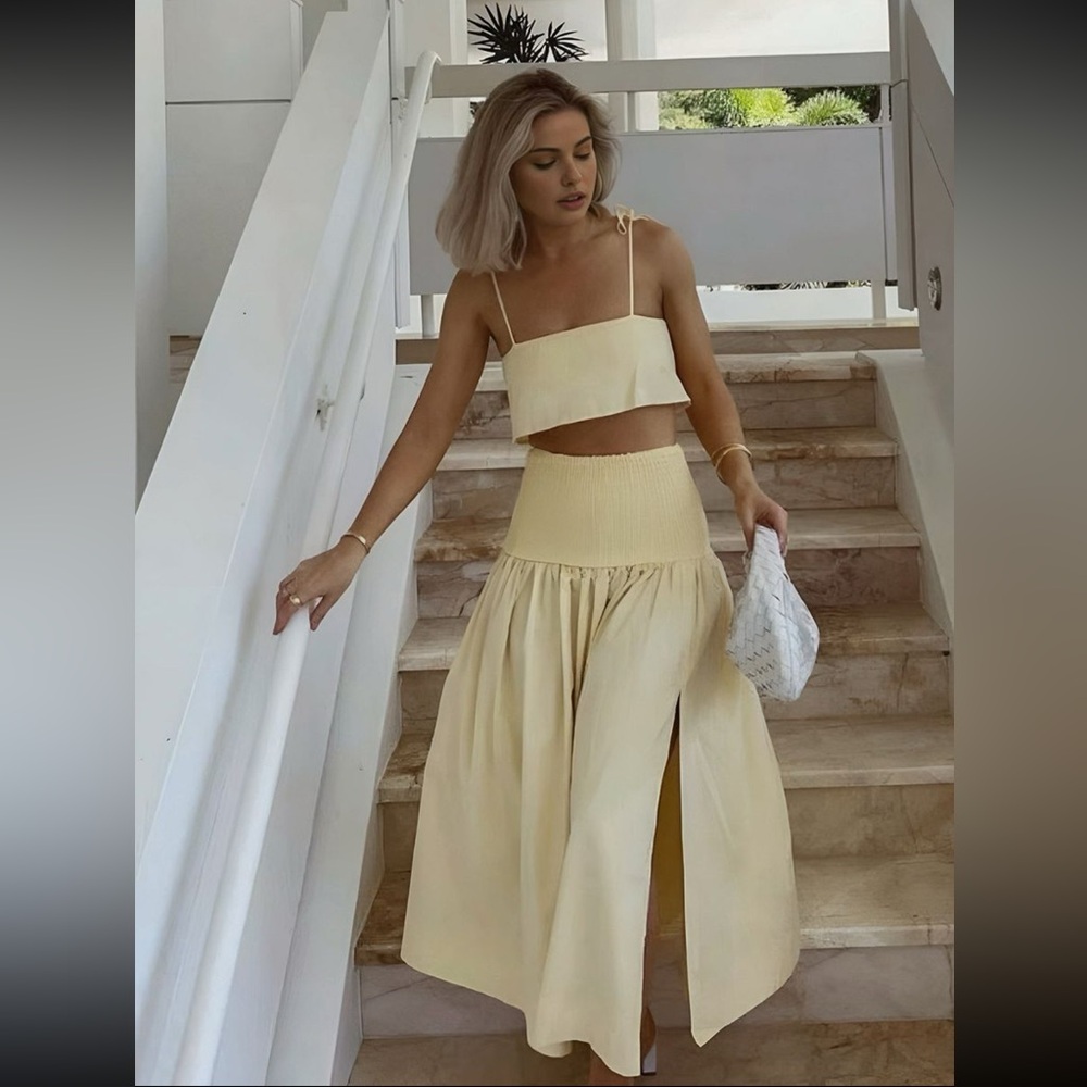 Brand New Shirred Waist Split Thigh Skirt Set
